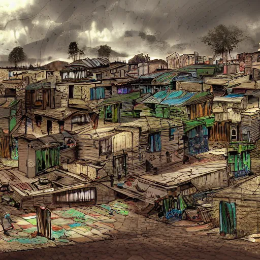 Prompt: the slums just outside the gates to the kingdom of heaven, digital art