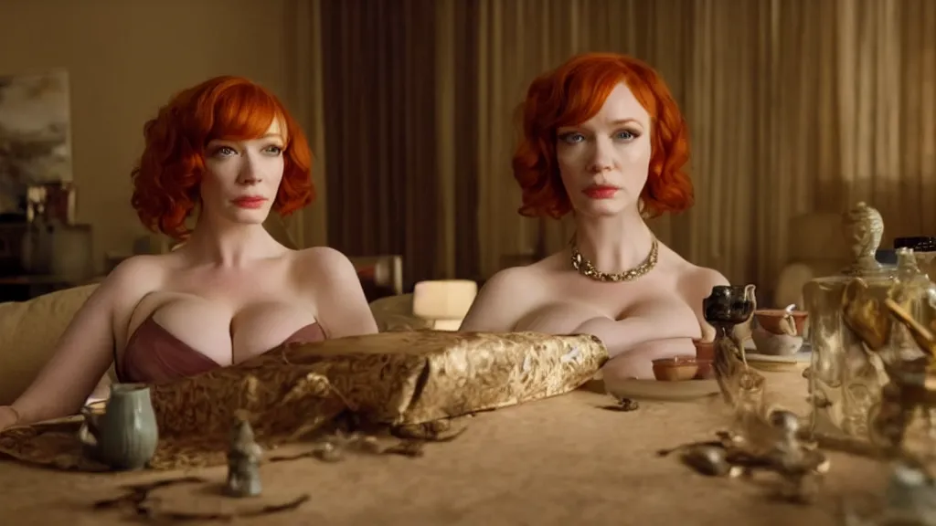 Image similar to Christina Hendricks in the living room, film still from the movie directed by Denis Villeneuve with art direction by Salvador Dalí, wide lens