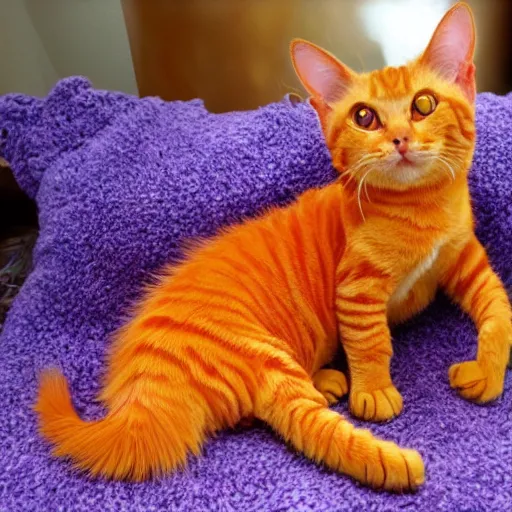 Prompt: purple dragon snuggling orange tabby cat, orange tabby hugging tiny dragon