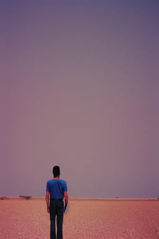 Prompt: kodak ultramax 4 0 0 photograph of a skinny guy standing in an barren desert with blue sands, back view, pink shirt, grain, faded effect,