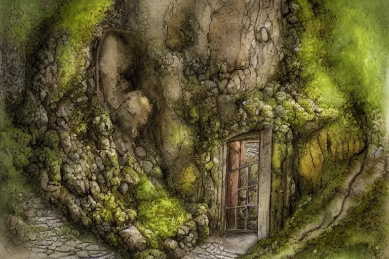 Image similar to closed door of a underground home in a cliff face, trees, moss, mushrooms, ferns, rocky sandy, dust swirling, small path up to door, soft light, james gurney, detailed watercolour, texture, 4k