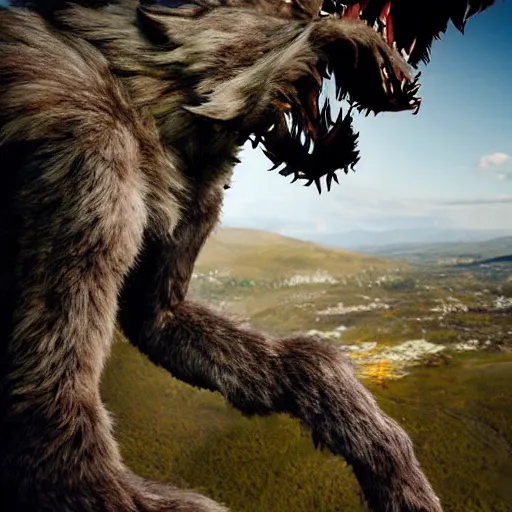 Image similar to a terrifying werewolf fursuit looking out over the hills, editorial photography for national geographic