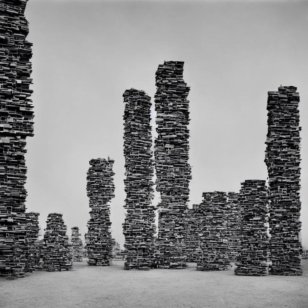 Image similar to towers made up of colourful makeshift squatter shacks, pastel tones, plain uniform sky at the back, misty, mamiya rb 6 7, ultra sharp, very detailed, photographed by ludwig mies van der rohe