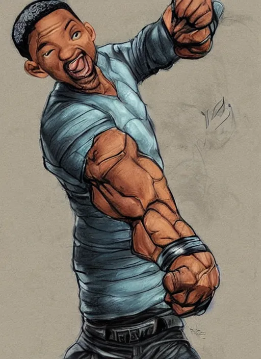 Image similar to beautiful concept art comic book drawing of will smith punching a rock by randy vargas