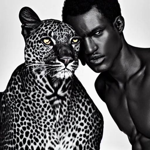 Image similar to the handsome african male model and the black leopard, black and white, by richard avedon,