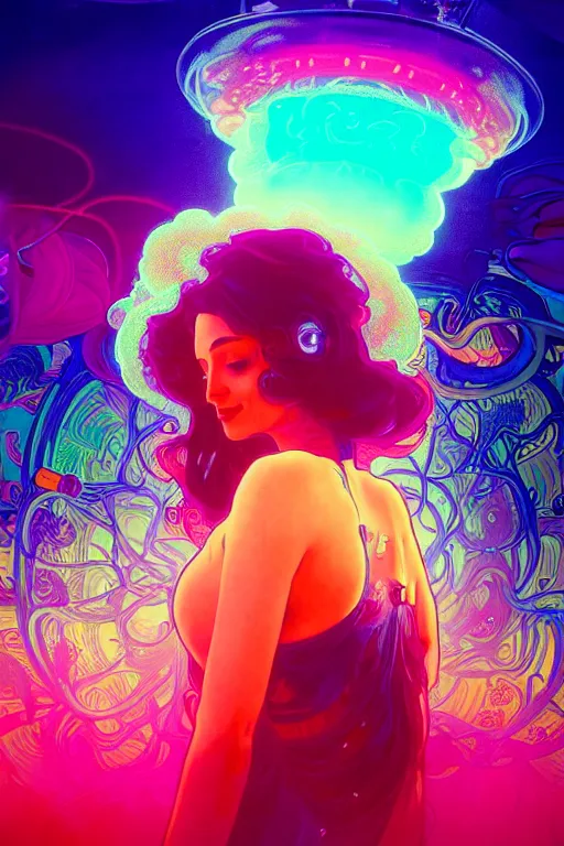 Prompt: a gorgeous woman surrounded by colorful liquid clouds and neon smoke, extremely detailed, in a psychedelic experience, psilocybin, dmt, lsd, face, highly detailed, artstation, alphonse mucha, hana yata, and artem demura and beeple, bill sienkiewicz, octane render, unreal engine, 8 k