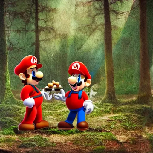 Image similar to mario and luigi eating mushrooms in the forest, photo captured on polarioid