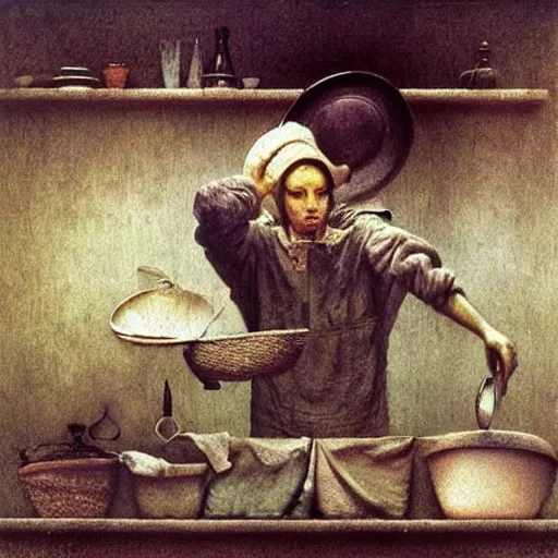 Image similar to Johny Depp washing dishes by Zdzislaw Beksinski