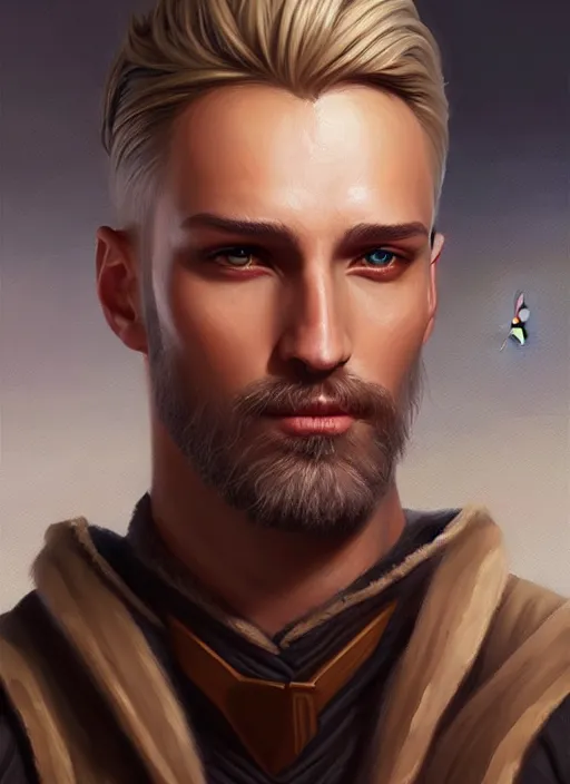 Image similar to a _ fantasy _ style _ portrait _ painting _ of wizard male, medium dark blonde pulled back side part and blonde stubble, brown eyes, rpg dnd oil _ painting _ unreal _ 5 _ daz. _ rpg _ portrait _ extremely _ detailed _ artgerm _ greg _ rutkowski _ greg