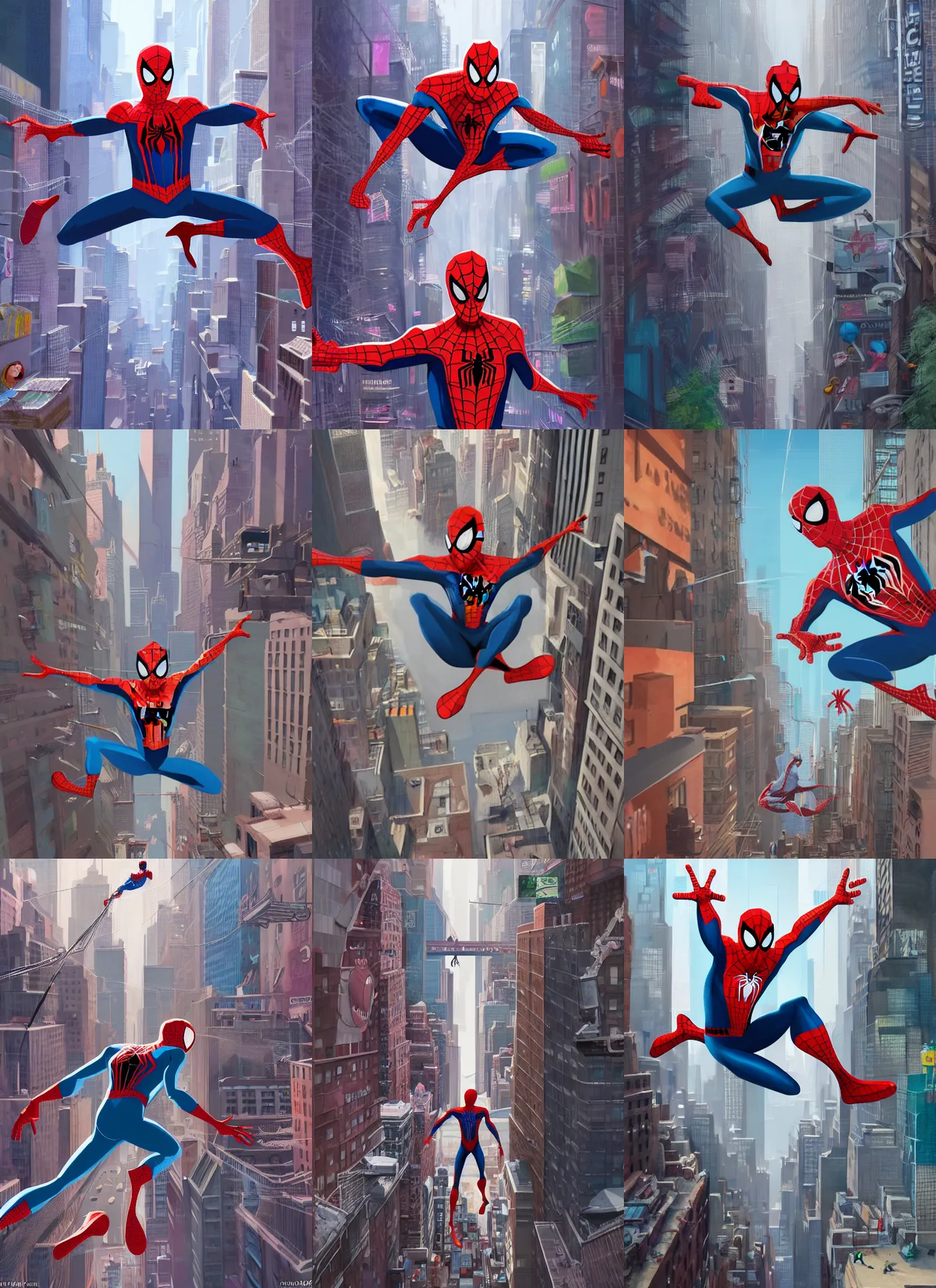 Prompt: very detailed concept illustration character portrait of spider man swinging through new york city, digital illustration, concept art, matte painting, digital painting, illustration, amazing value control, 8 k, ultra detailed, in the style of sony pictures animation, into the spider verse, minimal artifacts, rubber suit, muted colors