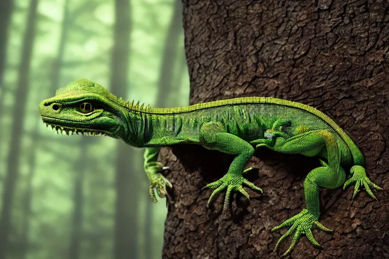 Image similar to alien lizard, deep forest on all backround, photorealistic, movie still, 5 0 mm