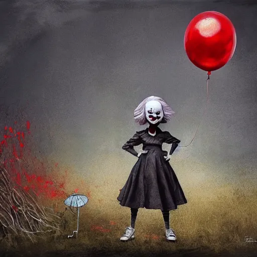 Image similar to grunge cartoon landscape painting of bilie eilish with a wide smile and a red balloon by - michal karcz, loony toons style, pennywise style, horror theme, detailed, elegant, intricate