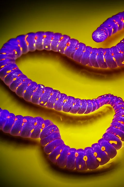 Image similar to high quality close-up photo translucent biomechanic centipede! gorgeous highly detailed hannah yata elson peter cinematic yellow and purple lighting high quality low angle hd 8k sharp shallow depth of field