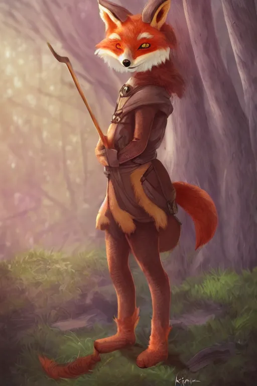 Image similar to an anthropomorphic medieval fox with a fluffy tail in a forest, trending on furaffinity, digital art, backlighting, by kawacy, trending on artstation, dnd art