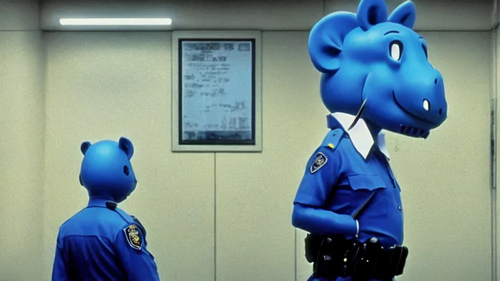 Image similar to a cop wearing a blue hippo mask standing in a police station, anime film still from the an anime directed by Katsuhiro Otomo with art direction by Salvador Dalí, wide lens