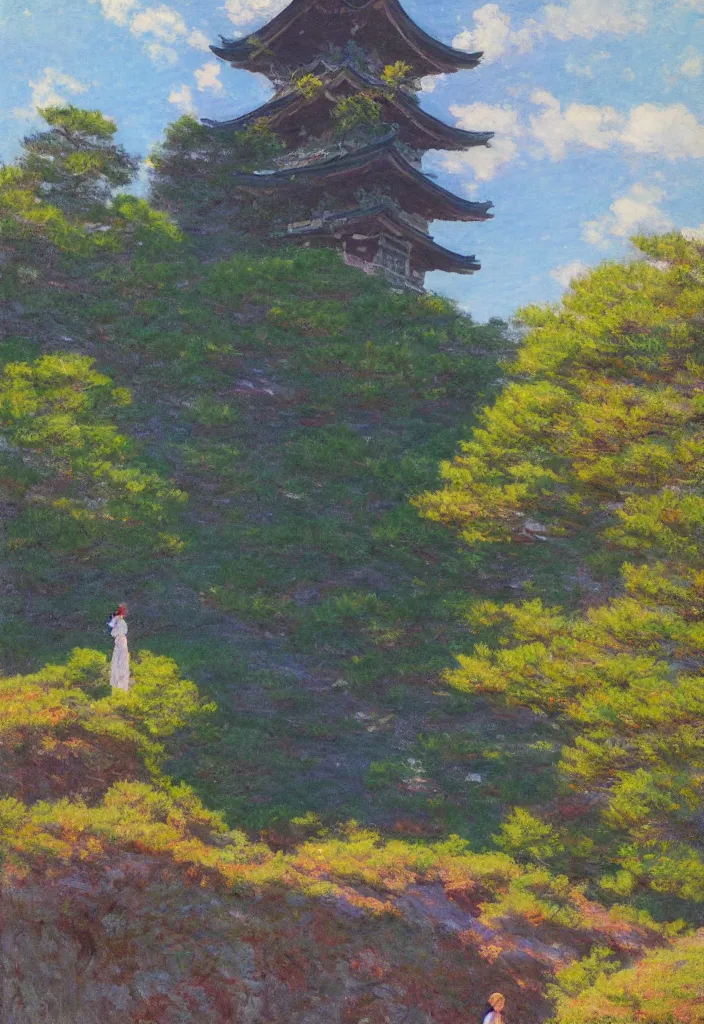 Image similar to tiny character in front of a huge japanese temple in the mountain. gorgeous epic nature, lofi, vivid colors, amazing light, by jeremy lipkin, by claude monet, heavily inspired by makoto shinkai, kandinsky touches, masterpiece, multiple brush strokes, impressionist style