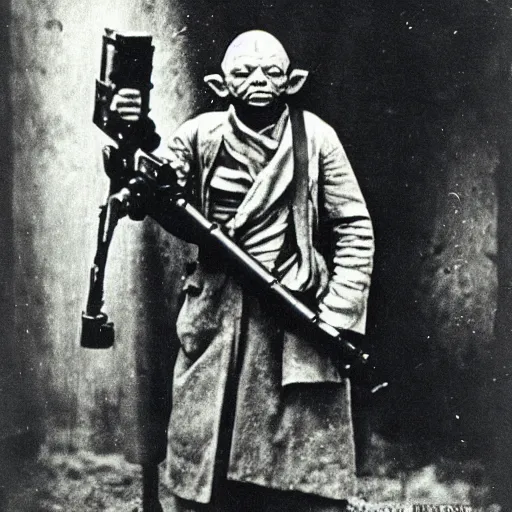 Prompt: old wartime photograph of yoda from star wards holding a lewis gun, grainy photo, sepia tone 1 9 1 7