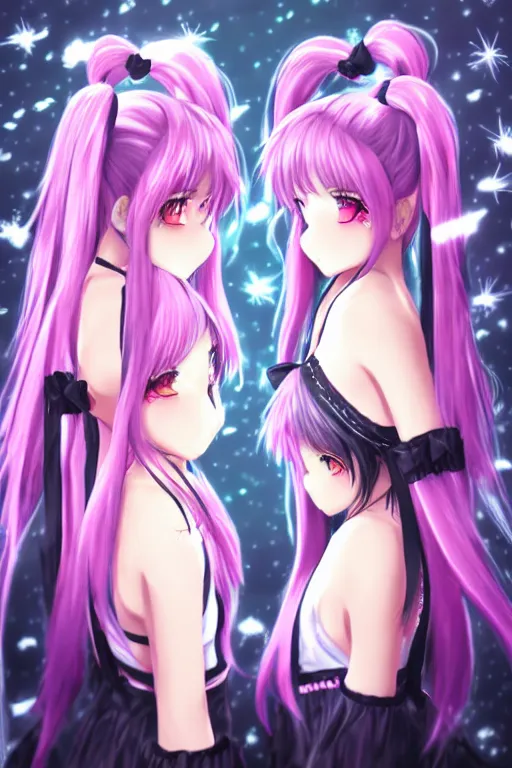 Image similar to two beautiful female idols with twintails facing each other, dark background, detailed anime art