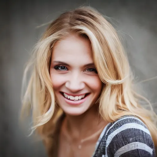 Prompt: photography of a georgous blonde girl smiling at the camera