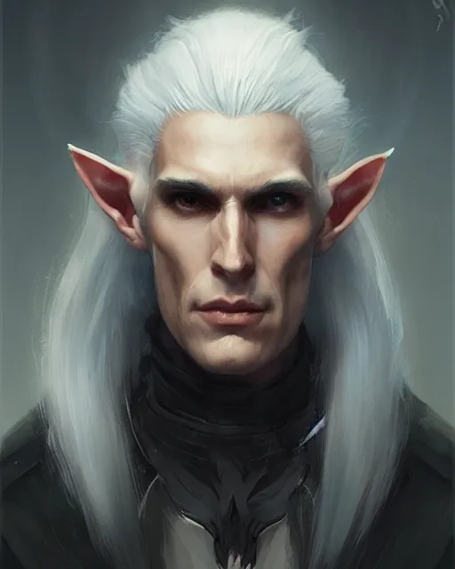 Image similar to character portrait of a slender half - elven man with white hair, by greg rutkowski, mark brookes, jim burns, tom bagshaw, trending on artstation