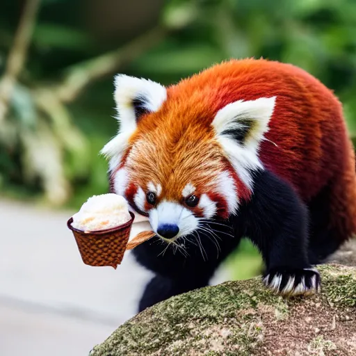 Image similar to An red panda eating an icecream, Canon EOS R3, f/1.4, ISO 200, 1/160s, 8K, RAW, unedited, symmetrical balance, in-frame