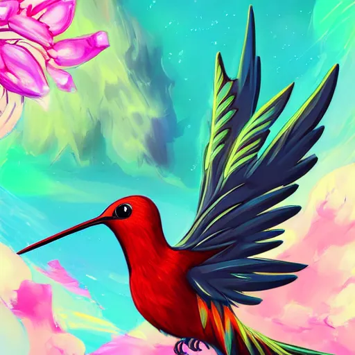 Prompt: anime painting frantic cute hummingbird phoenix phoenix phoenix zipping around, wanting to explore and investigate everything. it\'s curiosity is unbounded and insatiable, digital art, trending on artstation, stylized, colorful feathers, anime art by Kuvshinov Ilya, lariennechan, Aokamei