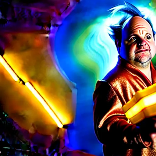 Image similar to uhd candid photo of jason alexander as a super sayian, glowing, global illumination, studio lighting, radiant light, detailed, correct face, elaborate intricate costume. photo by annie leibowitz