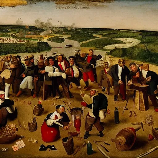 Image similar to a group of politicians partying in washington dc, the city is burning the politicians are throwing money everywhere some smoking cigars, in the style of bruegel