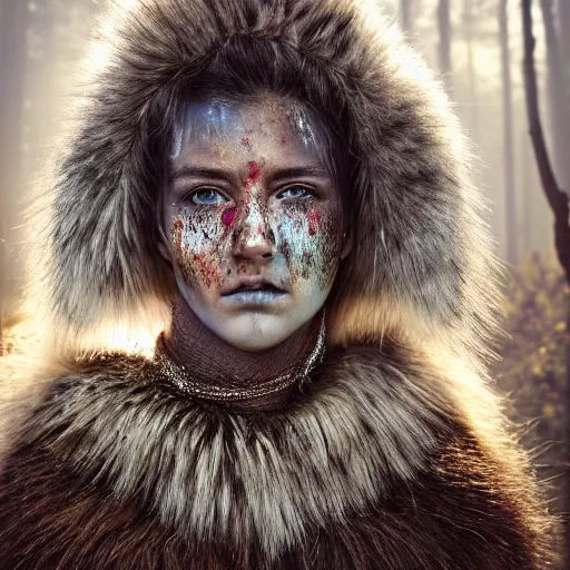 Prompt: head and shoulders portrait of a female knight, fur armor, lightly dirty face, light blood spatter, detailed face, photography by jimmy nelson, golden hour, forest, styled hair