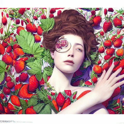 Image similar to the portrait of an absurdly beautiful, graceful, elegant, sophisticated, dignified woman made of strawberries and green petals looking up, an ultrafine hyperdetailed illustration by kim jung gi, irakli nadar, intricate linework, bright colors, octopath traveler, final fantasy, unreal engine 5 highly rendered, global illumination, radiant light, detailed and intricate environment