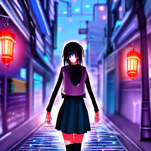 Image similar to digital art , anime girl walking into the streets of a cyberpunk city at night, rain, mist