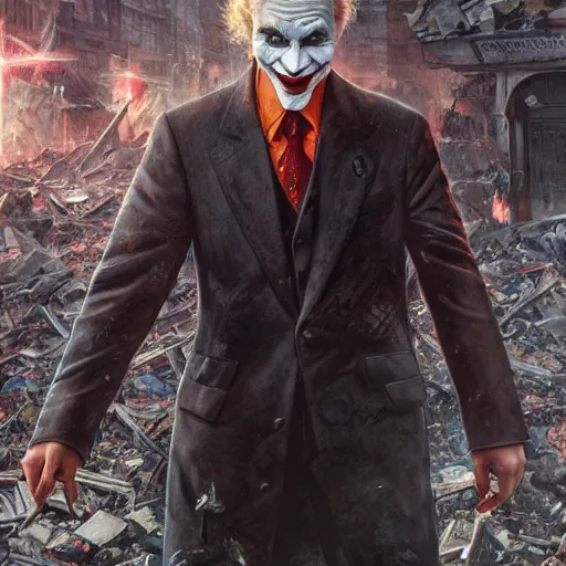 Prompt: portrait of vladimir putin as a joker in a city destroyed by war, realistic, high definition, 4 k, shimmering color, hyper detailed, art of greg rutkowski and magali villeneuve and artgerm