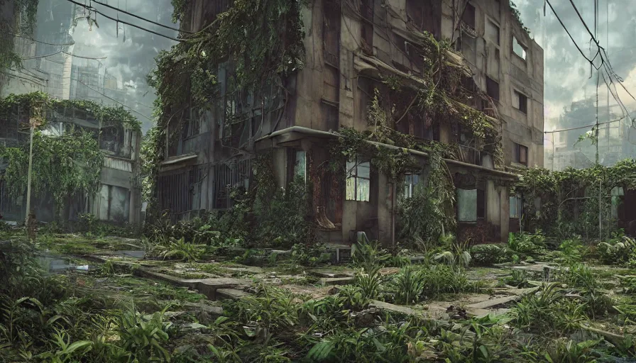 Image similar to Abandoned Building Overgrown by beautiful plants, Dystopian Slum, Hyperrealism, Hyperdetailed, Intricate Details, Anamorphic Lens, Cinematic Lighting, Volumetric Lights, Raytracing Reflections, Unreal Engine 5