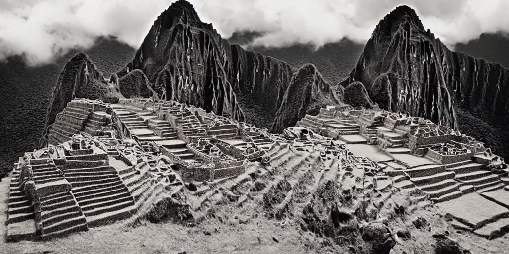 Image similar to lost city of the incas on the auyan tepui, vintage photograph, bw, by edward s curtis, realistic,