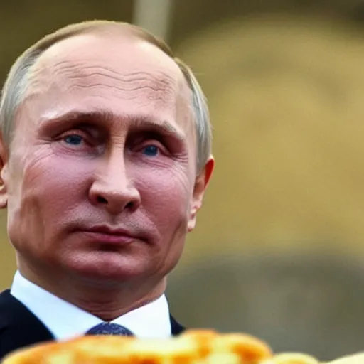 Image similar to close up of vladimir putin visiting a cheese market