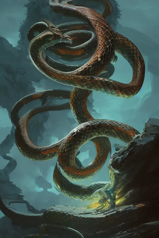 Prompt: Serpentine Snake Wizard casting a spell creating a massive snake Hyperdetailed masterpiece concept art by Greg Rutkowski and Ross Tran. high quality DnD illustration, trending on ArtStation