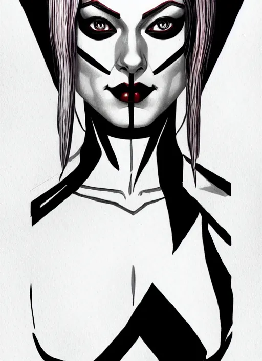 Image similar to symmetry concpet art, full shot, traditional ink, sketch, of olivia wilde as harley quinn, line sketch, intricate, elegant, highly detailed, monochrome, digital painting, artstation, concept art, sharp focus, illustration, art by borderlands 3 and peter polach