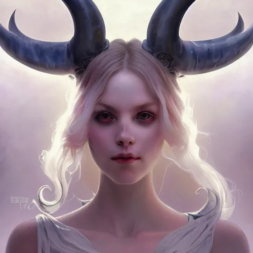 Image similar to portrait of beautiful pale demon girl with horns, cenematic dramatic volumetric lighting, rim light, intricate, elegant, highly detailed, digital painting, artstation, smooth, sharp focus, illustration, art by artgerm and greg rutkowski and alphonse mucha and wayne barlowe