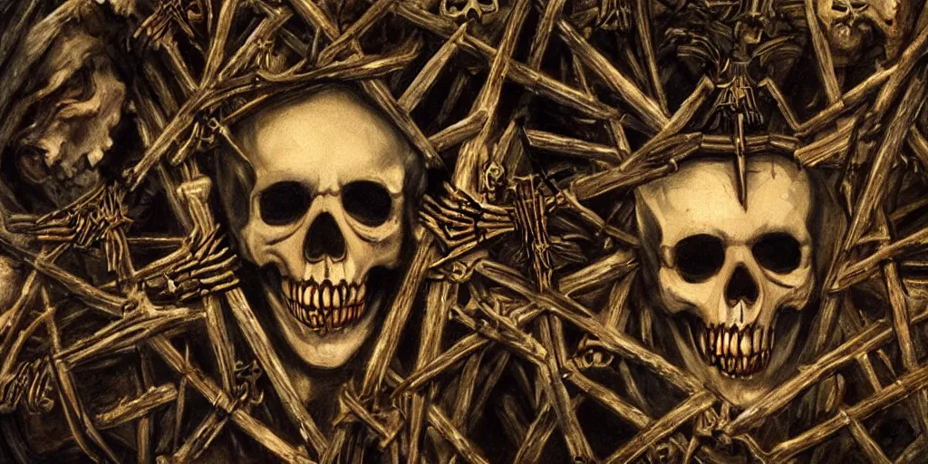 Image similar to dante's inferno painting, illuminati symbol, crows, skeletons, crosses, jesus, dark beauty, rotten gold, perfect faces, extremely detailed, cinema 4 d, unreal engine.