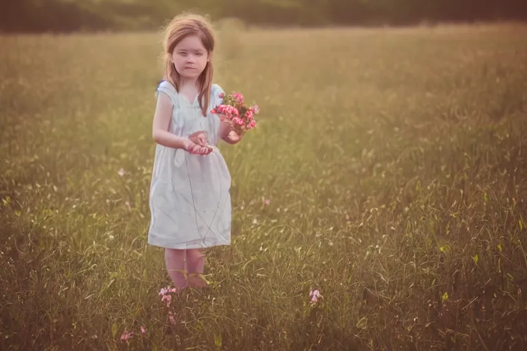 Prompt: a little girl standing in a field holding flowers in her hand, soft light, dreamlike,