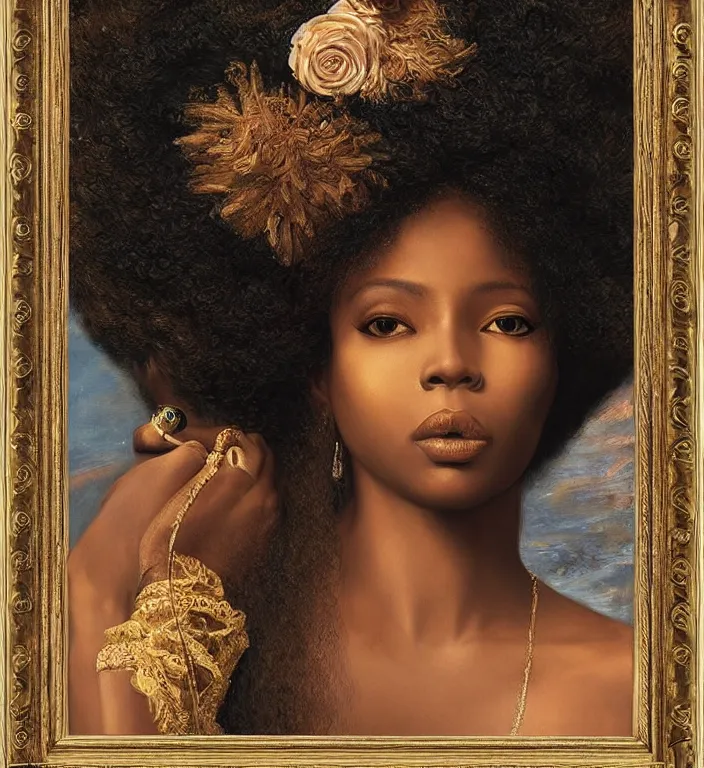 Image similar to a breathtakingly stunningly beautifully highly detailed portrait of a afro queen, ornately framed, by rosetti and devinci and michael cheval and sidney cooper and turner, 4 k