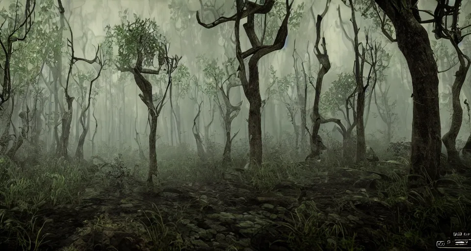 Image similar to A dense and dark enchanted forest with a swamp, with Unreal Engine