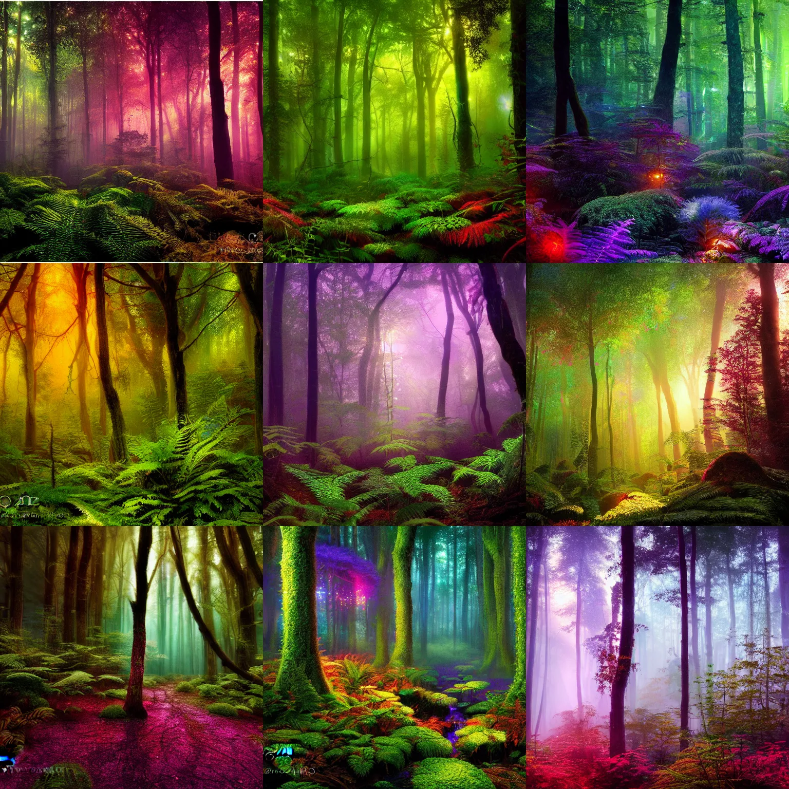Prompt: photograph of a dense mystic forest, breathtaking lights shining, psychedelic fern, 4k, Acid Pixie, by thomas kinkade