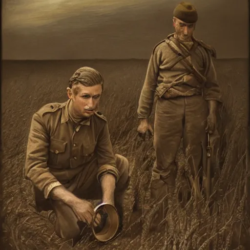 Image similar to a detailed photorealistic sepia - toned color portrait painting of a 1 9 1 7 worried clean - shaven british lieutenant in field gear in north arabia examining an ancient cylindrical clay jar, ultra realistic, intricate details, atmospheric, dark, horror, brooding, highly detailed, by clyde caldwell