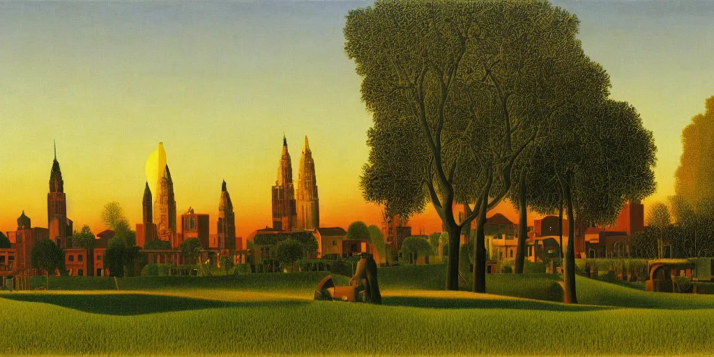 Image similar to a beautiful painting of Columbus Ohio by Henri Rousseau, golden hour, 8k, 4k