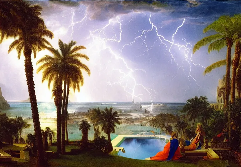 Image similar to Palace floating in the sky, refracted sparkles, thunderstorm, greek pool, beach and palm trees on the background major arcana sky, by paul delaroche, hyperrealistic 4k uhd, award-winning, very very very detailed