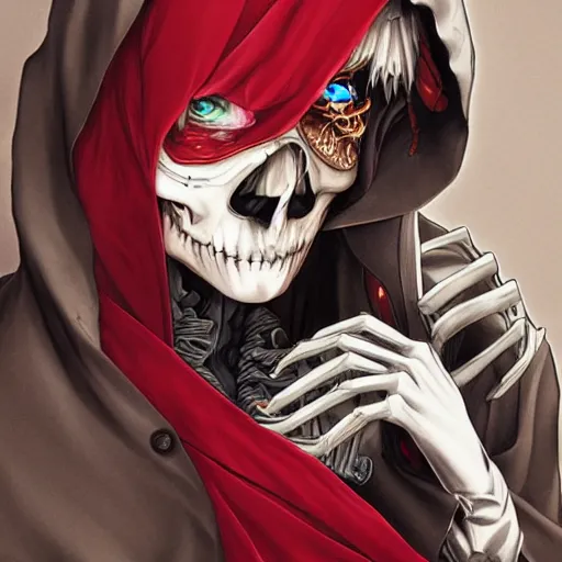 Image similar to anime manga skull portrait young woman skeleton, red riding hood, unreal engine, intricate, elegant, highly detailed, digital art, art by JC Leyendecker and sachin teng