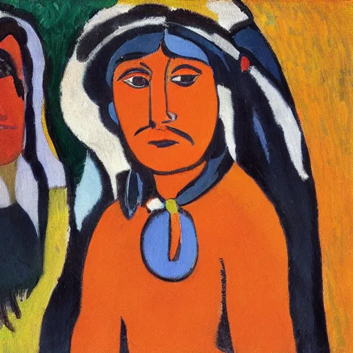 Prompt: painting of a tiger and young native american woman in a jungle by alexej von jawlensky