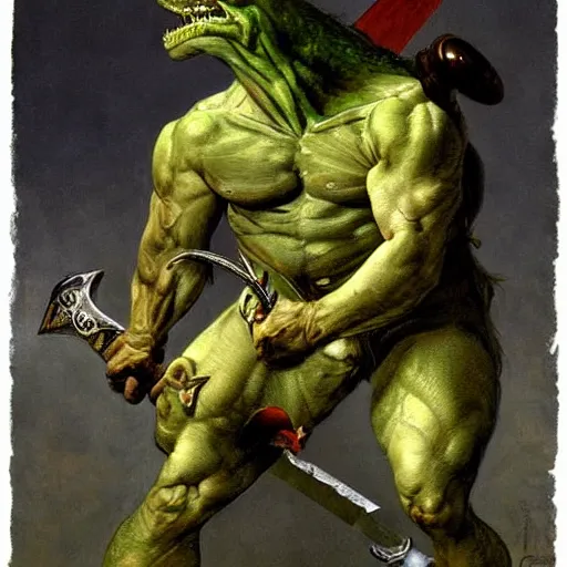 Image similar to dog - faced muscular goblin, ugly face, lizard tail, holding scimitar made of bone, scimitar, sword, jagged sword, curved sword, orkish sword, colorized, green skin, hyper - detailed, primeval fantasy, prehistoric fantasy, art by jacques - louis david