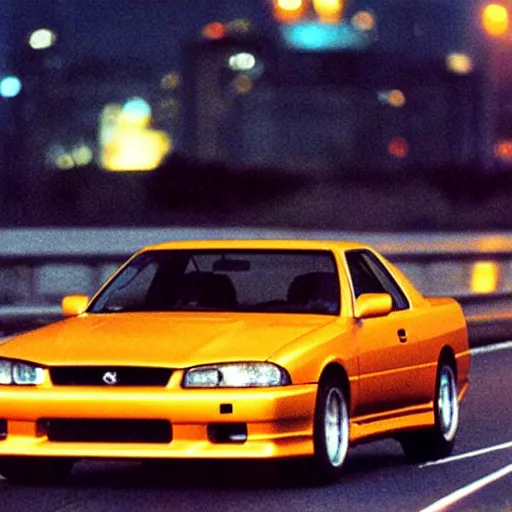 Image similar to nissan skyline r 3 3 rides on tokyo highway, night, high traffic, photograph from 1 9 9 9 year